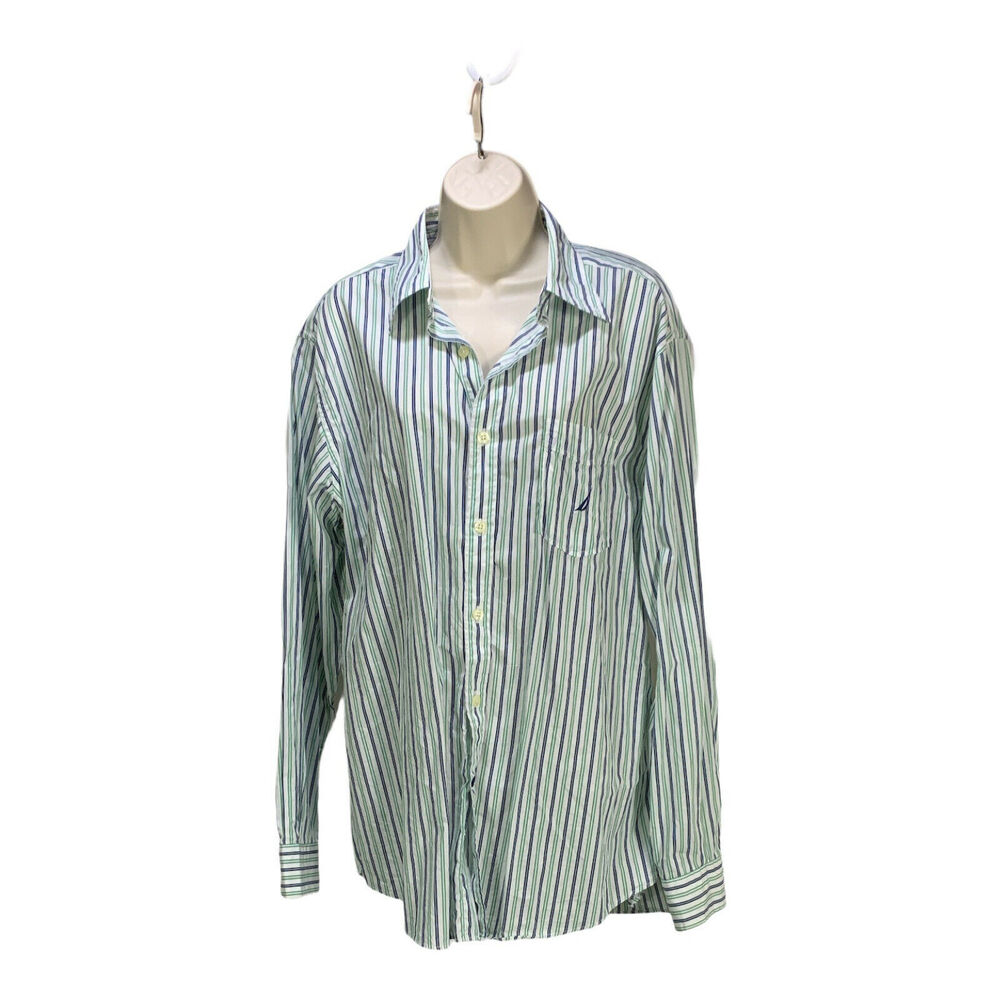 Nautica Womens Button Down Shirt Large Tops Vertical Striped Long Sleeve Cotton